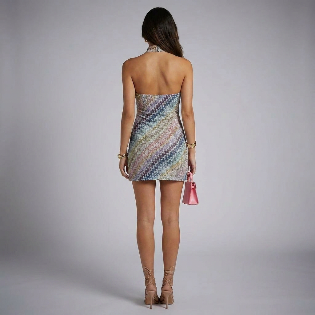 Diagonal Chevron Zigzag Knit Halter Mini Dress