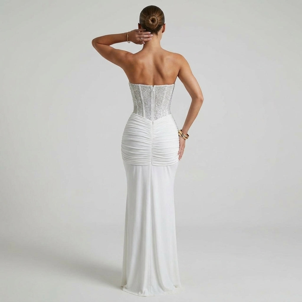 Off-the-Shoulder Structured Corset Maxi Dress with Fluid Silhouette