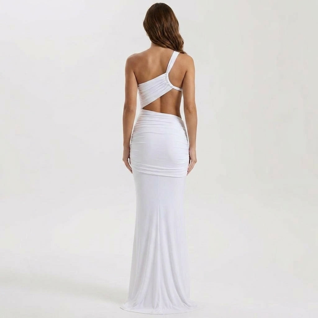 Asymmetric One-Shoulder Backless Maxi Dress with Ruched Draping