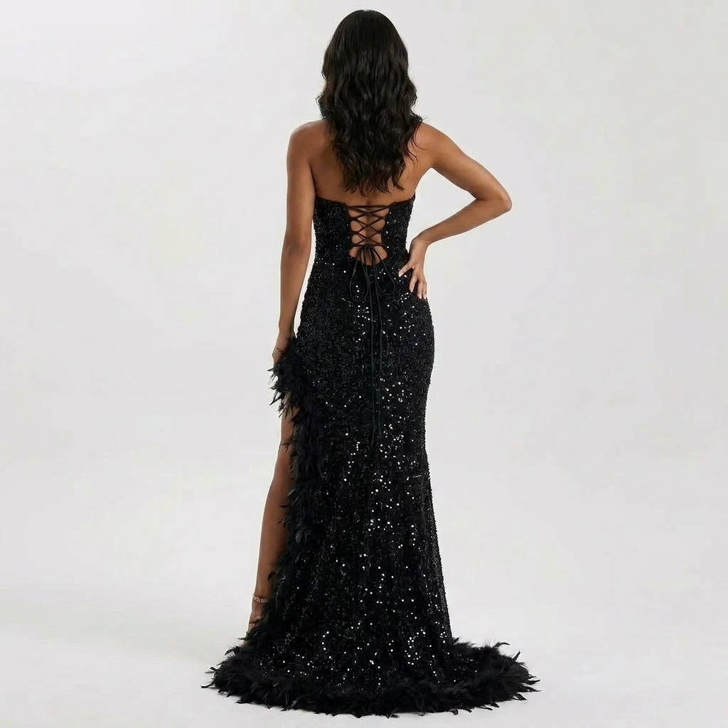 Strapless Sweetheart Sequin Maxi Dress with Feather Trim Hem