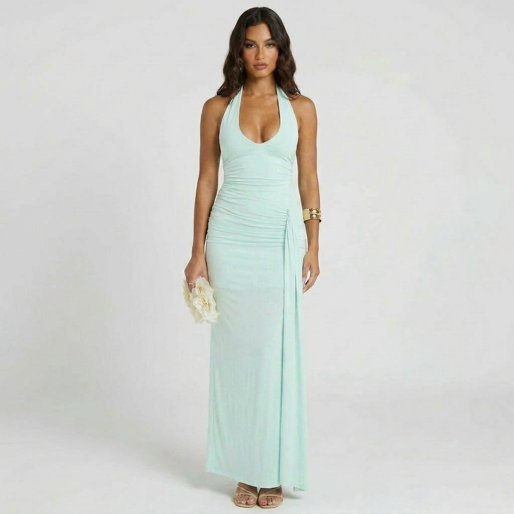 Sleeveless Halter Maxi Dress with Ruched Deep V-Neckline