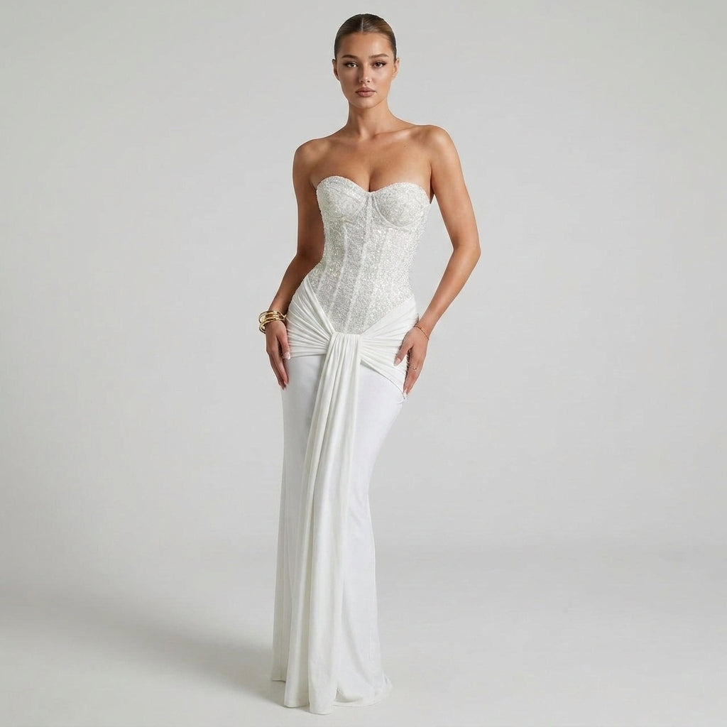 Off-the-Shoulder Structured Corset Maxi Dress with Fluid Silhouette