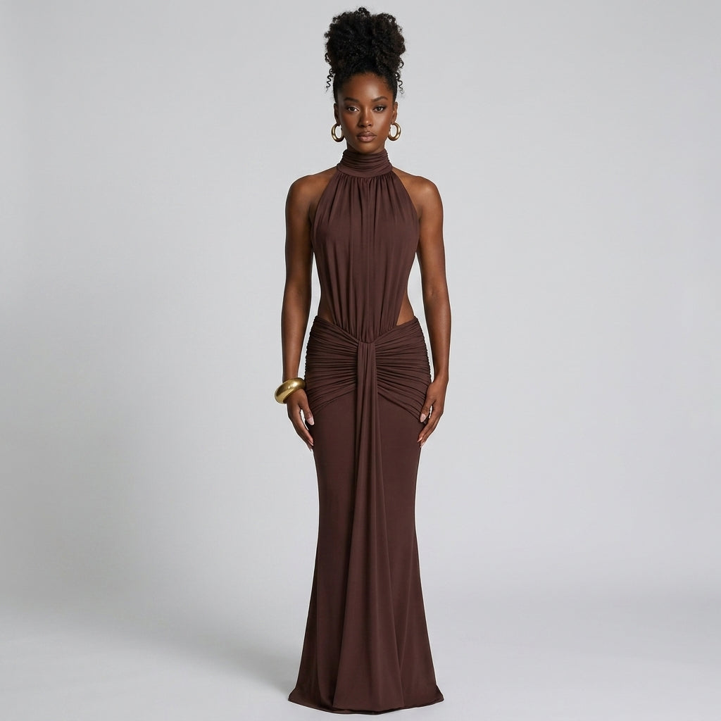 Sleeveless High-Neck Asymmetric Draped Maxi Dress