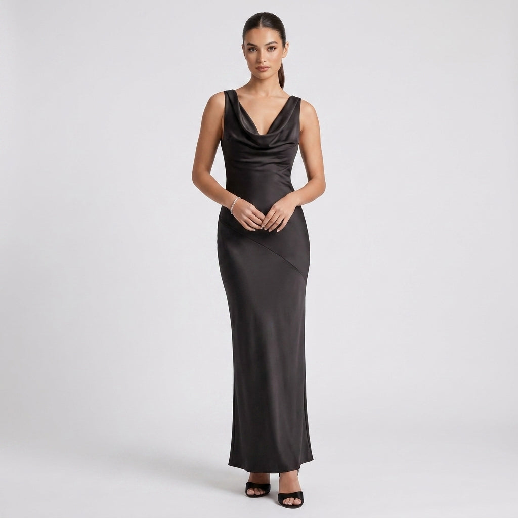 Sleeveless One-Shoulder Satin Maxi Dress
