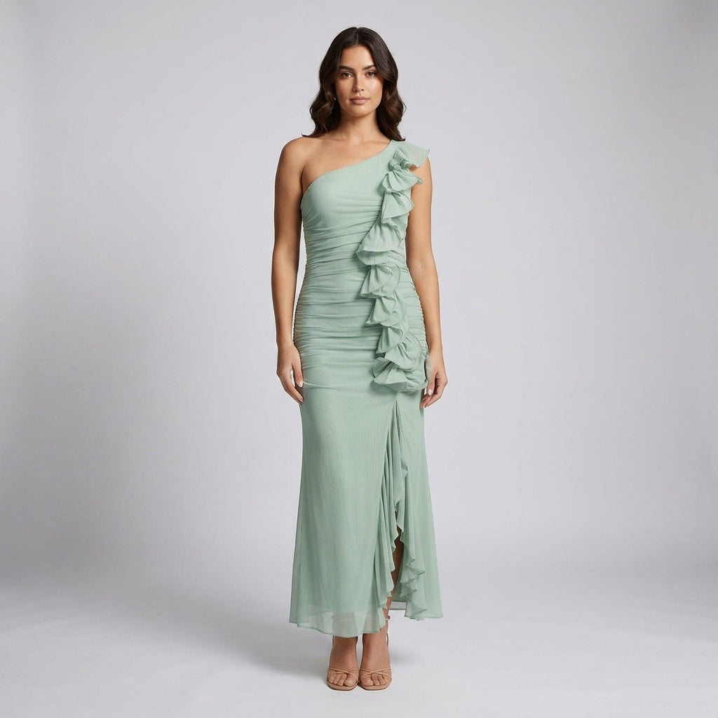 Long-Sleeve Patterned Maxi Dress with Elegant Crew Neckline