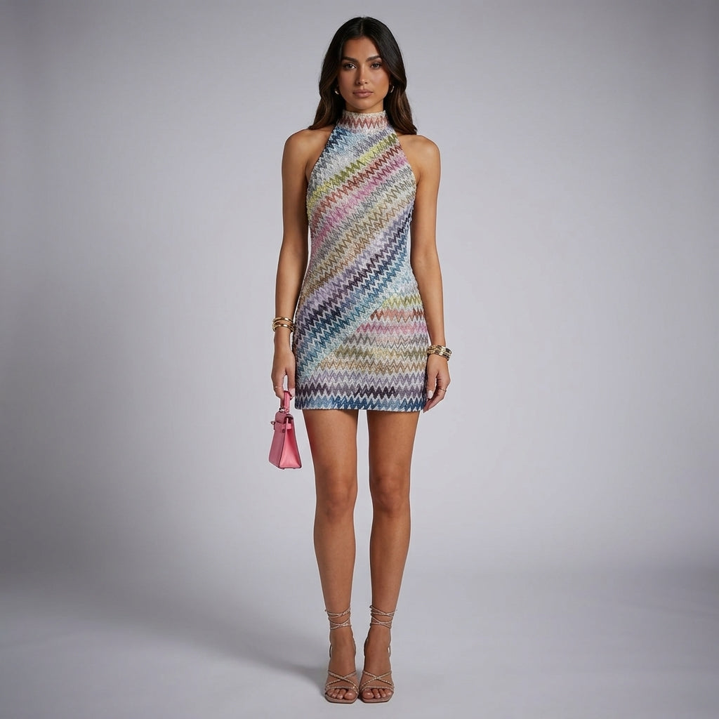 Diagonal Chevron Zigzag Knit Halter Mini Dress