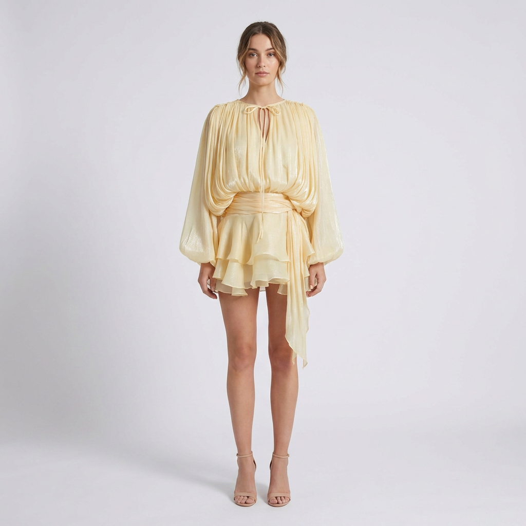 Flowing Satin Mini Dress with Adjustable Halter Neck Tie and Pleat Detailing