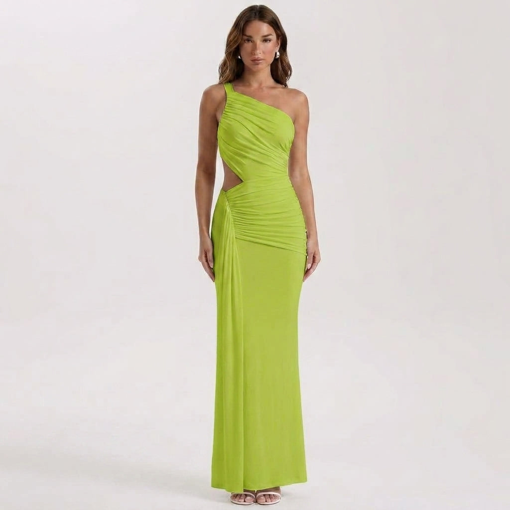 Asymmetric One-Shoulder Backless Maxi Dress with Ruched Draping