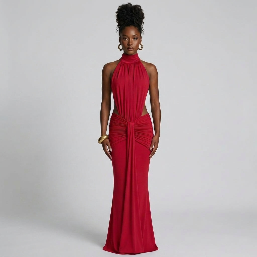 Sleeveless High-Neck Asymmetric Draped Maxi Dress