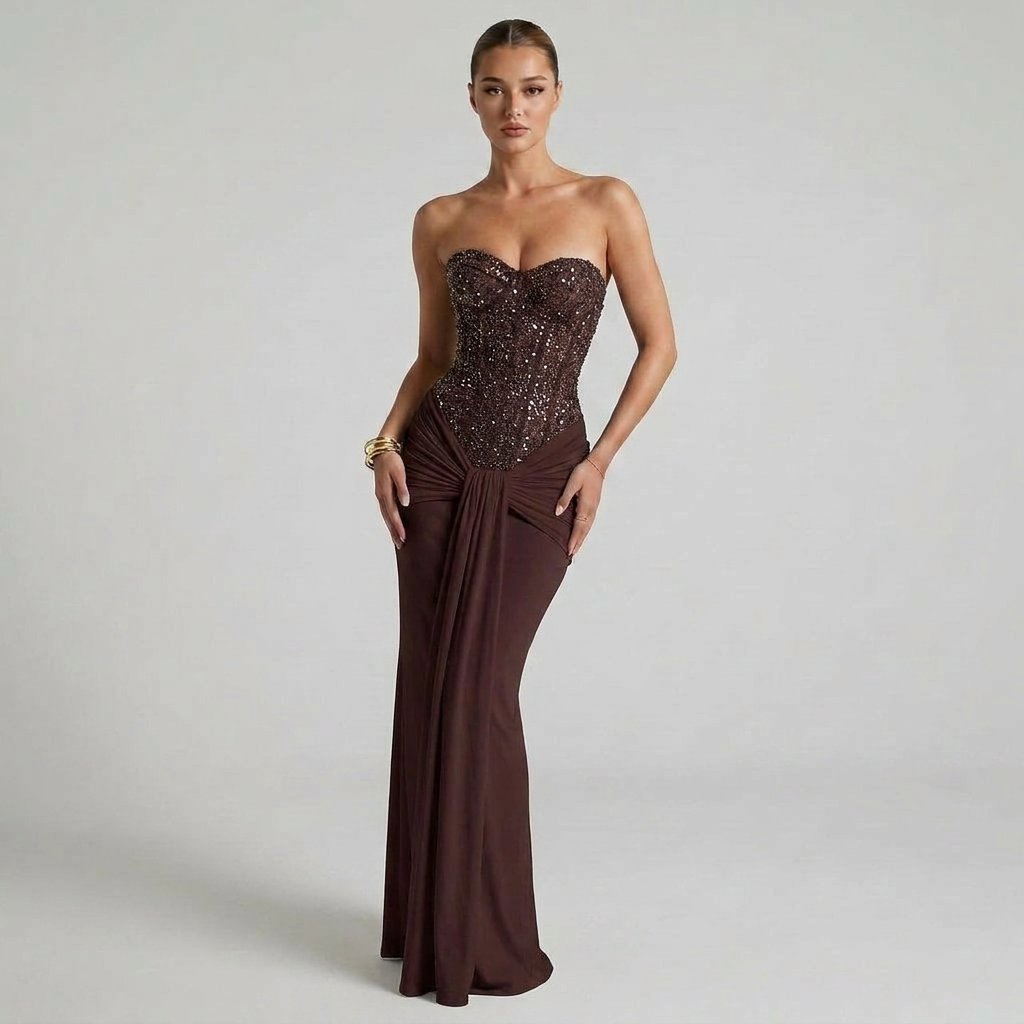 Off-the-Shoulder Structured Corset Maxi Dress with Fluid Silhouette