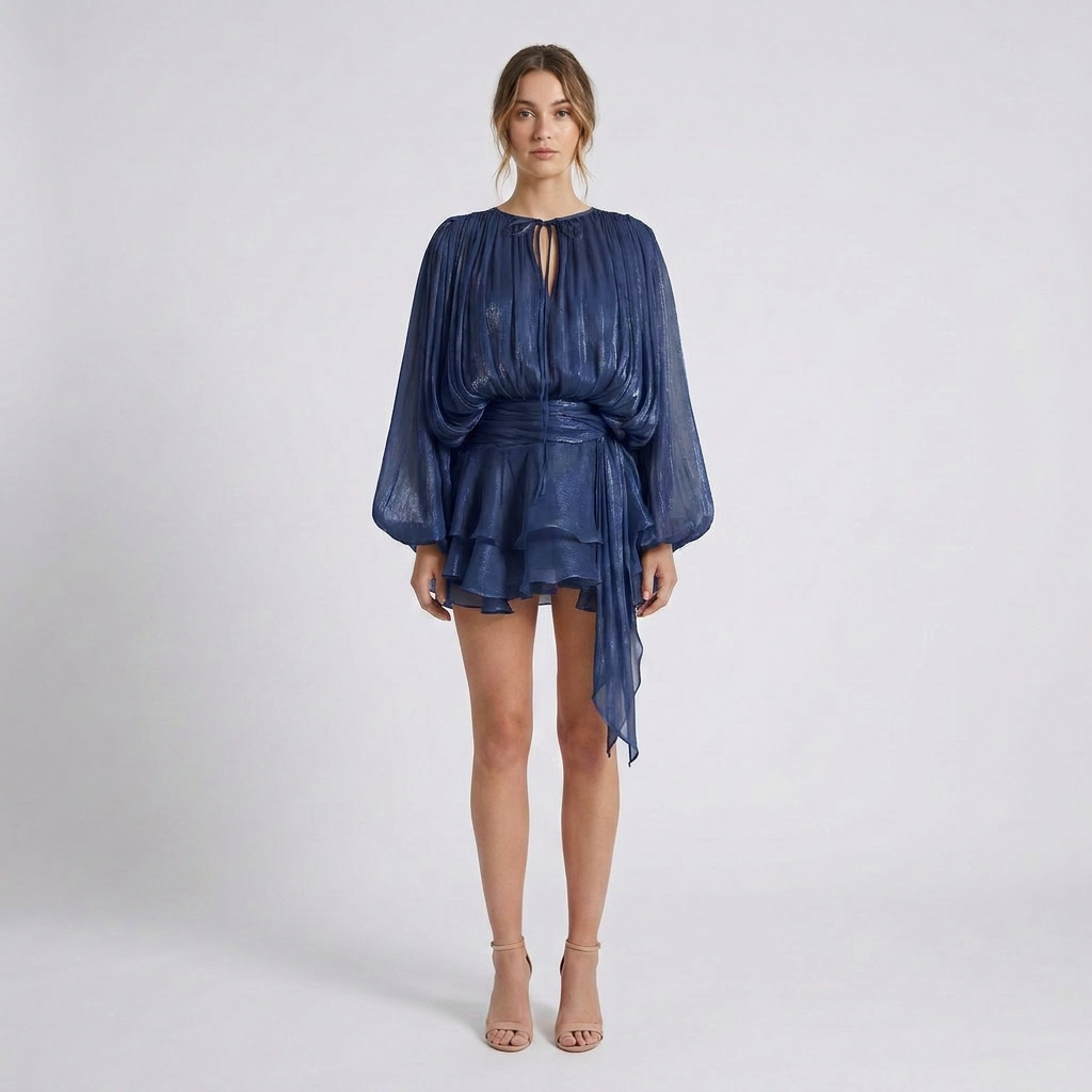 Flowing Satin Mini Dress with Adjustable Halter Neck Tie and Pleat Detailing