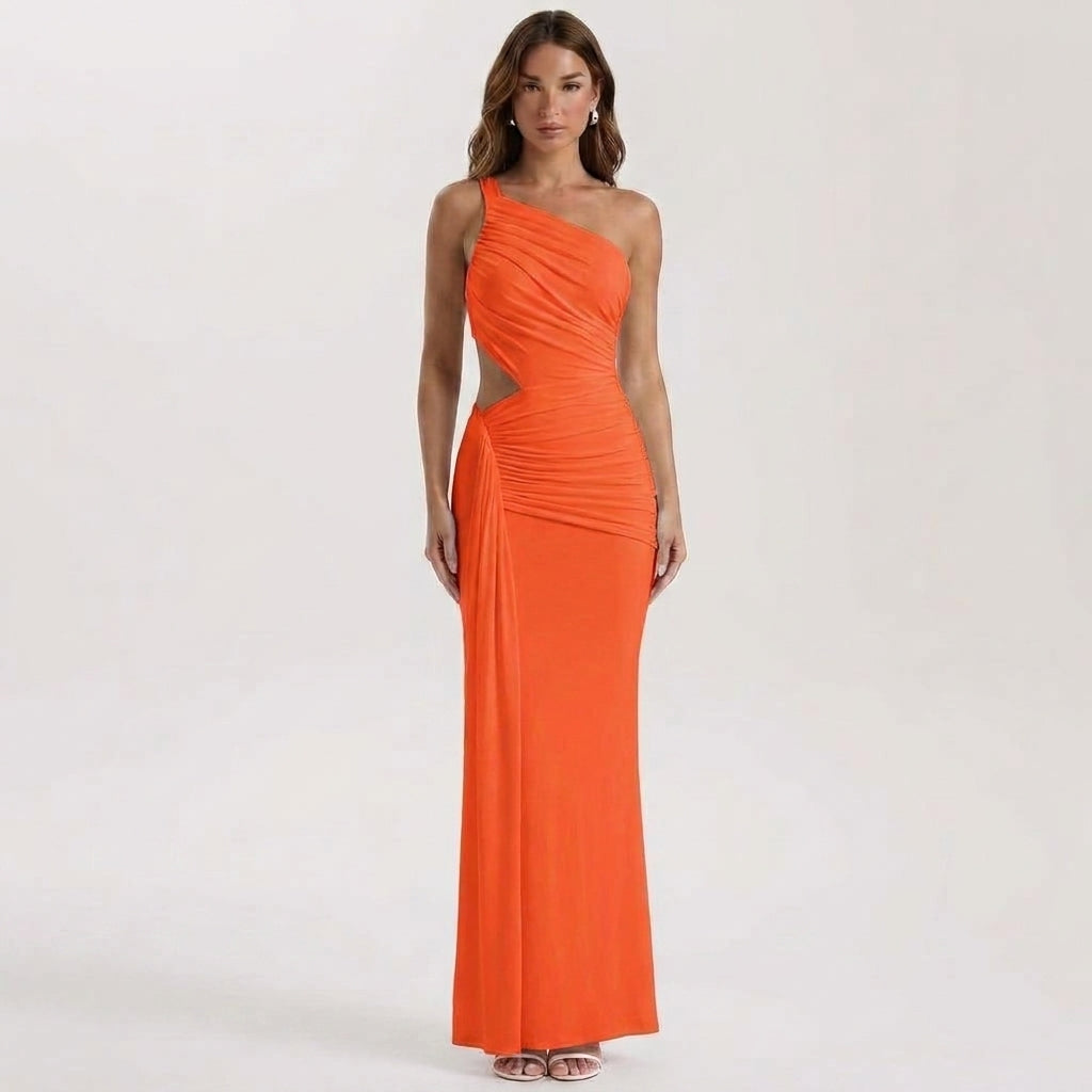 Asymmetric One-Shoulder Backless Maxi Dress with Ruched Draping