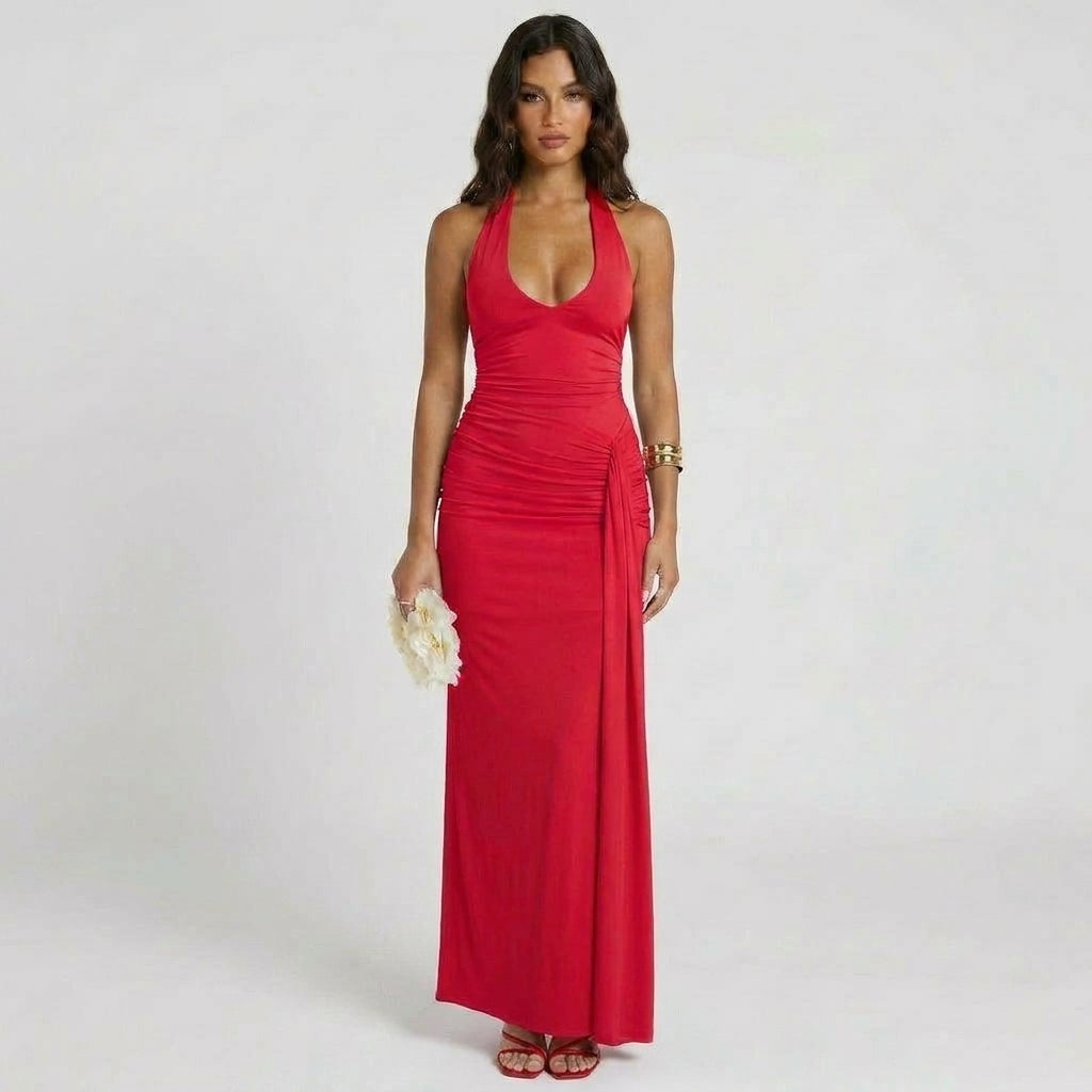 Sleeveless Halter Maxi Dress with Ruched Deep V-Neckline