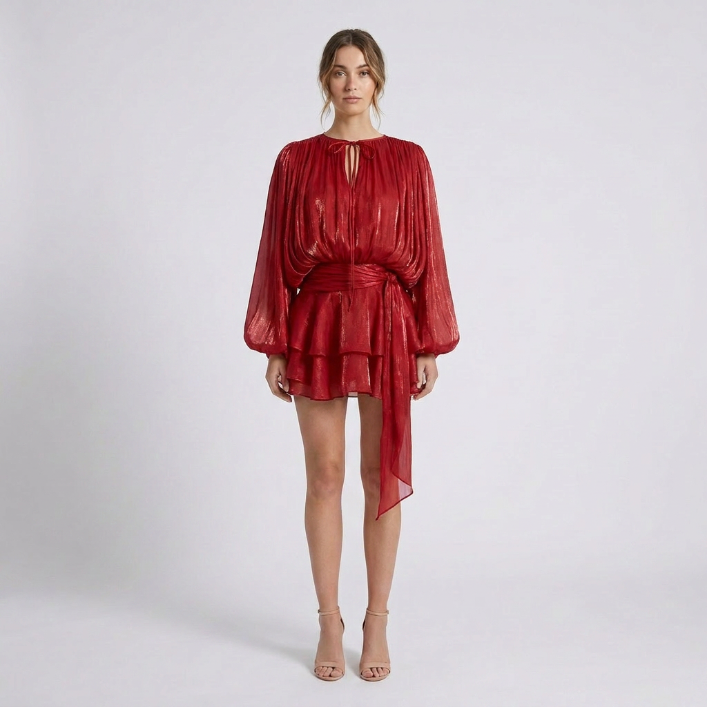 Flowing Satin Mini Dress with Adjustable Halter Neck Tie and Pleat Detailing