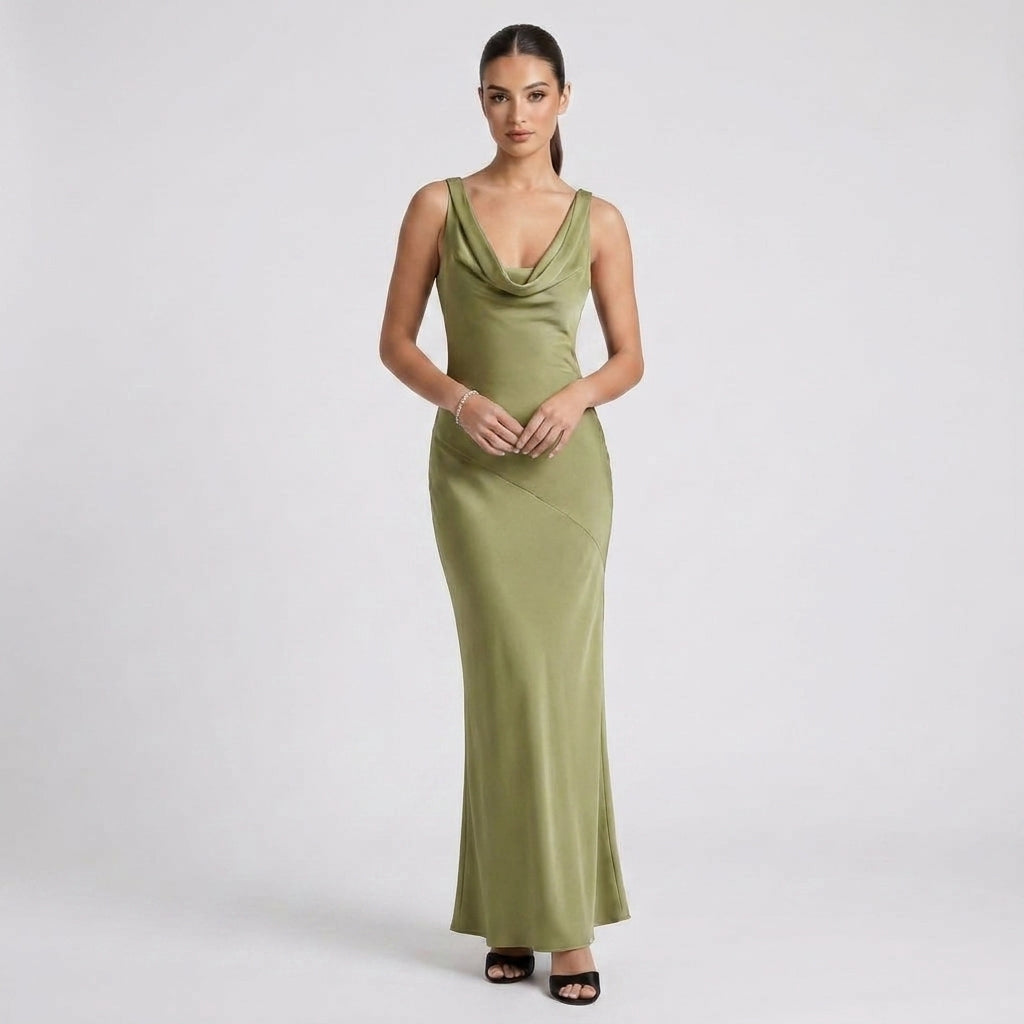 Sleeveless One-Shoulder Satin Maxi Dress