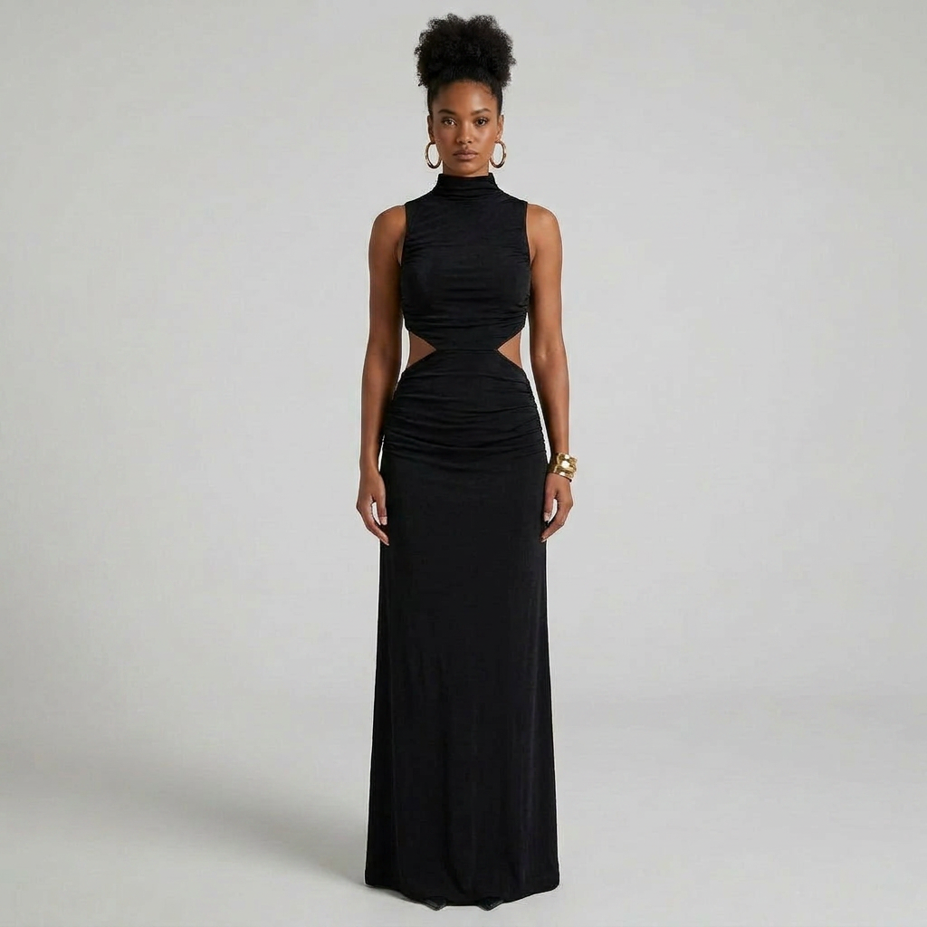 Sleeveless High-Neck Asymmetric Draped Maxi Dress