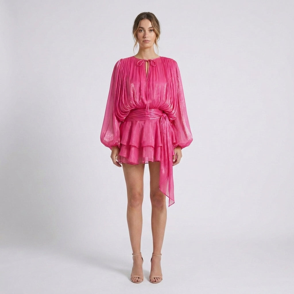 Flowing Satin Mini Dress with Adjustable Halter Neck Tie and Pleat Detailing