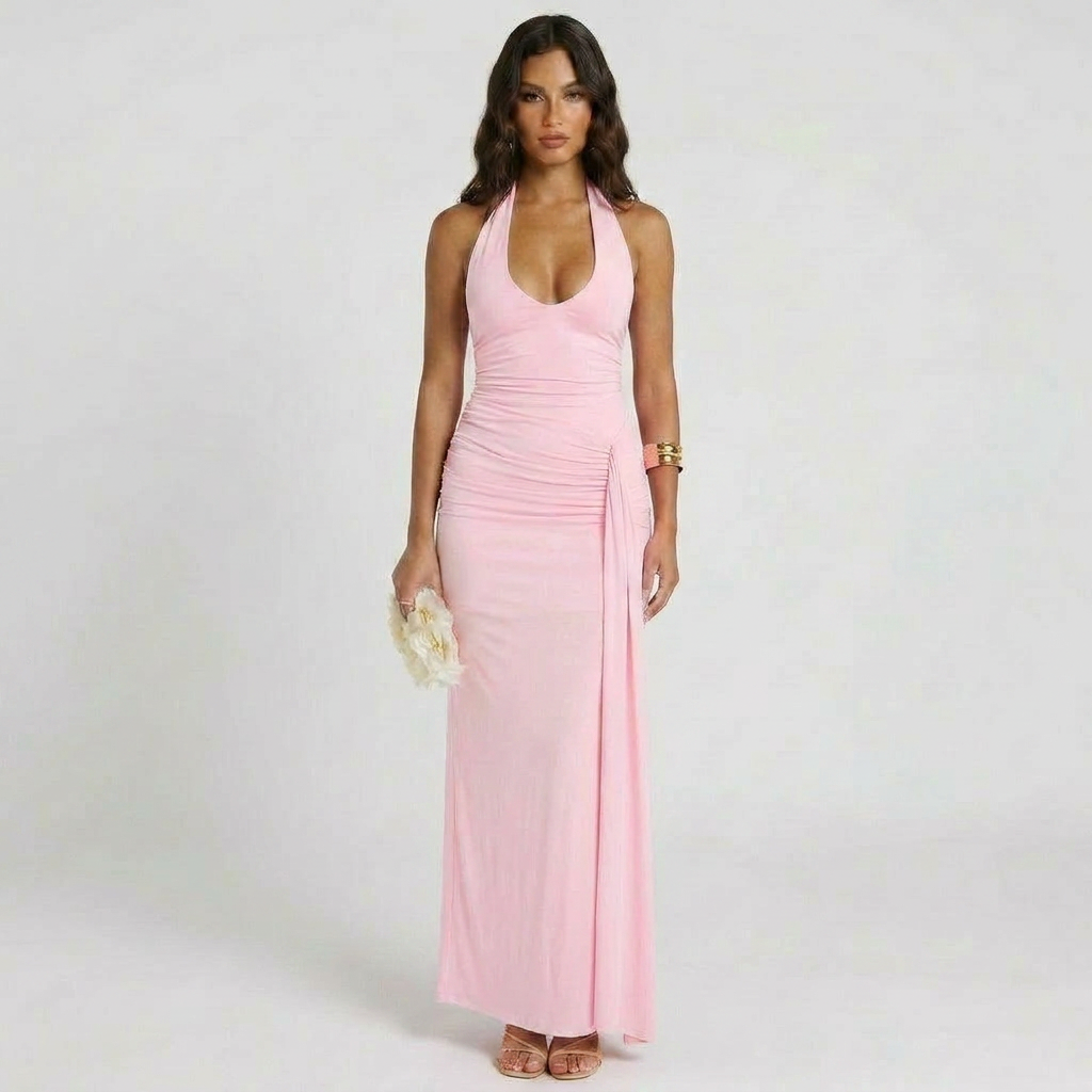 Sleeveless Halter Maxi Dress with Ruched Deep V-Neckline