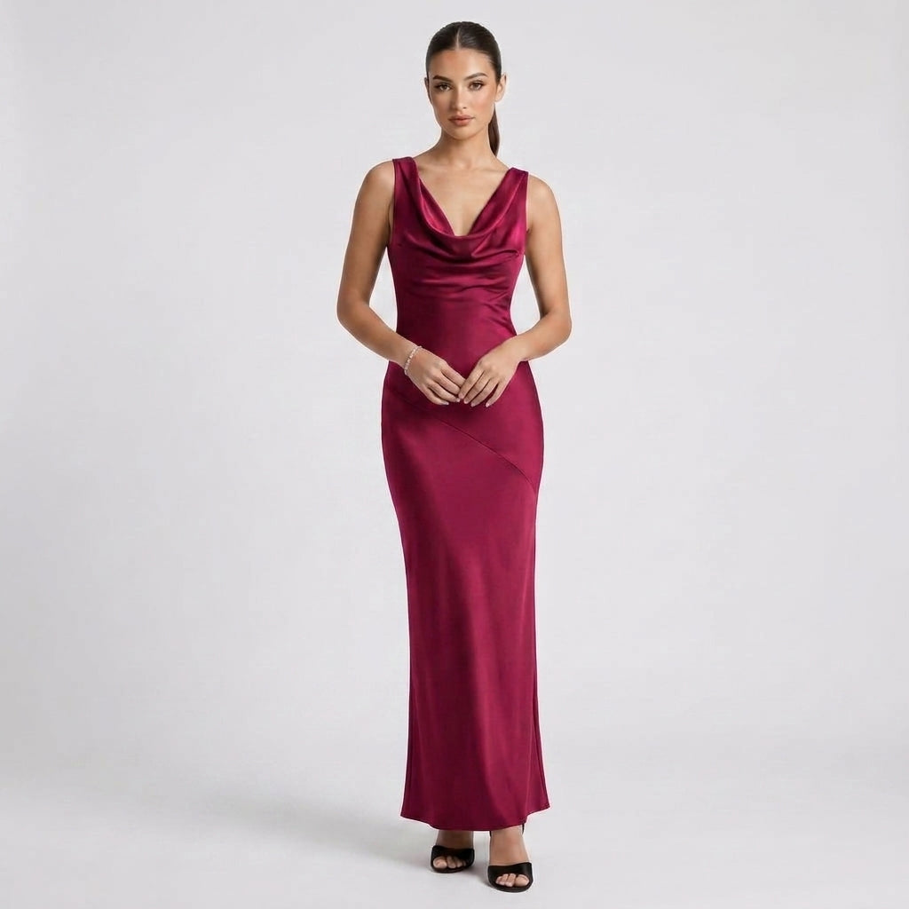 Sleeveless One-Shoulder Satin Maxi Dress