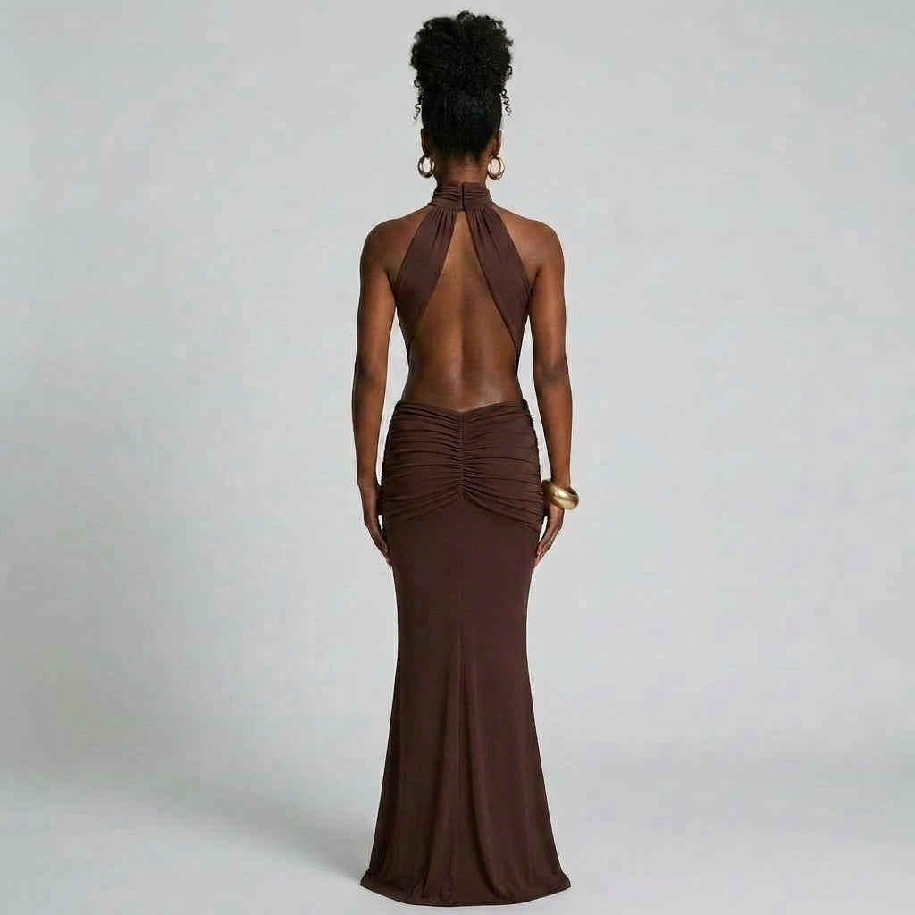 Sleeveless High-Neck Asymmetric Draped Maxi Dress