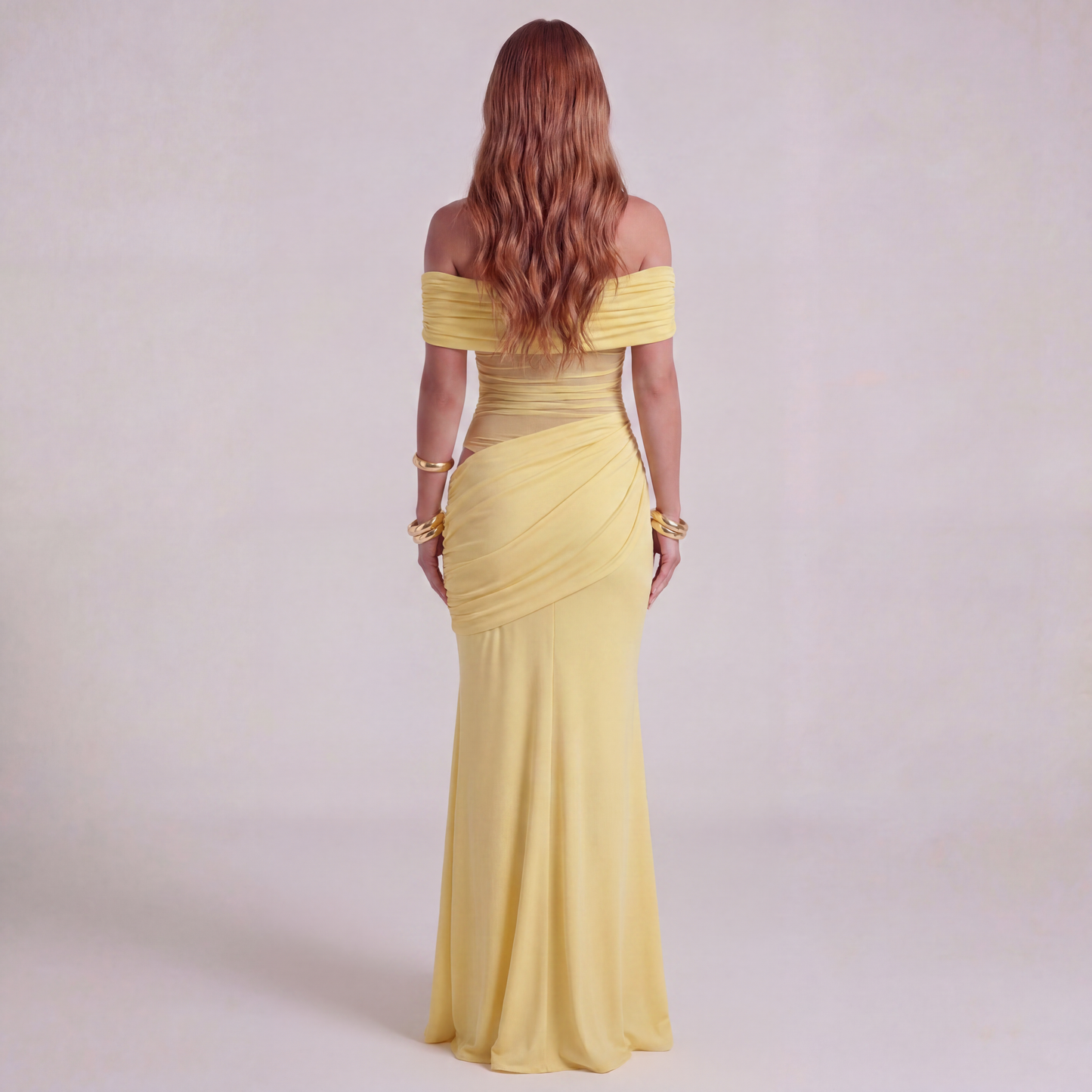 One-Shoulder Ruched Maxi Dress with Side Cut-Out and Draped Skirt