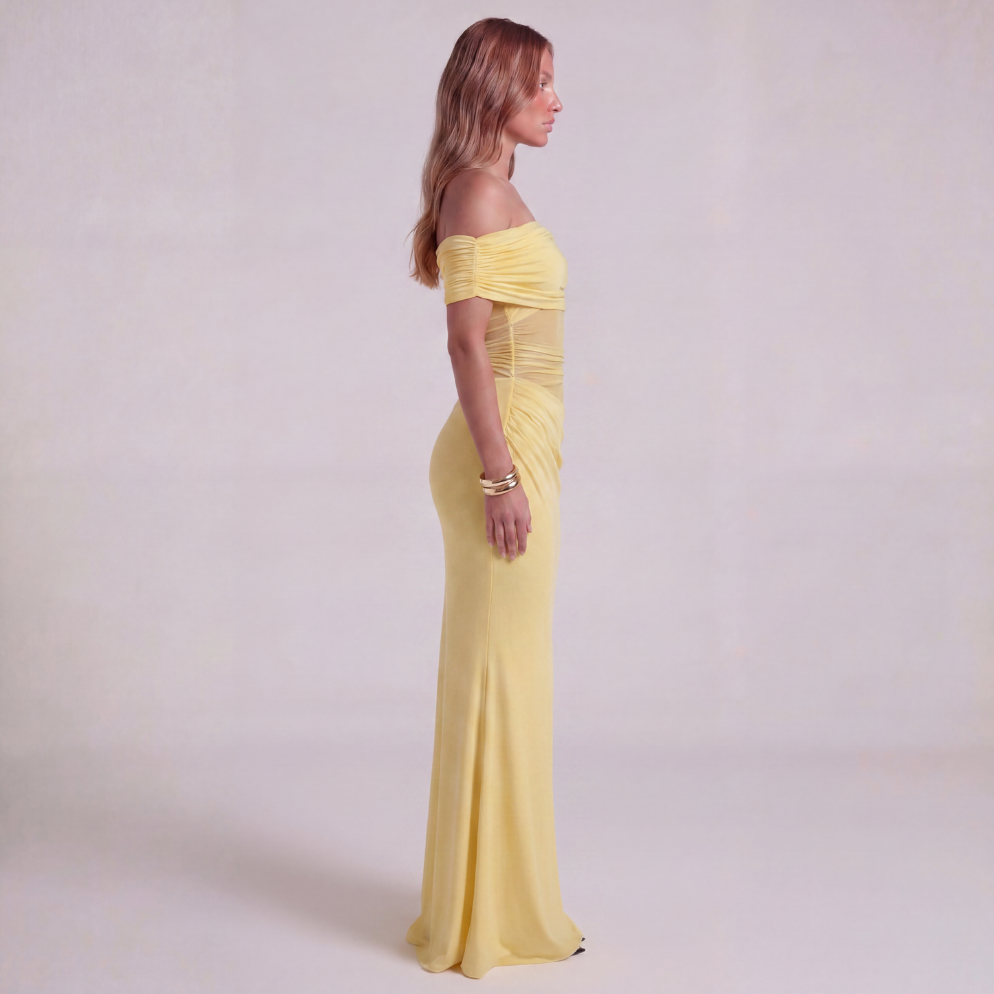 One-Shoulder Ruched Maxi Dress with Side Cut-Out and Draped Skirt