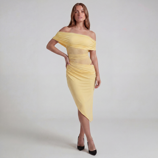 One-Shoulder Ruched Maxi Dress with Side Cut-Out and Draped Skirt