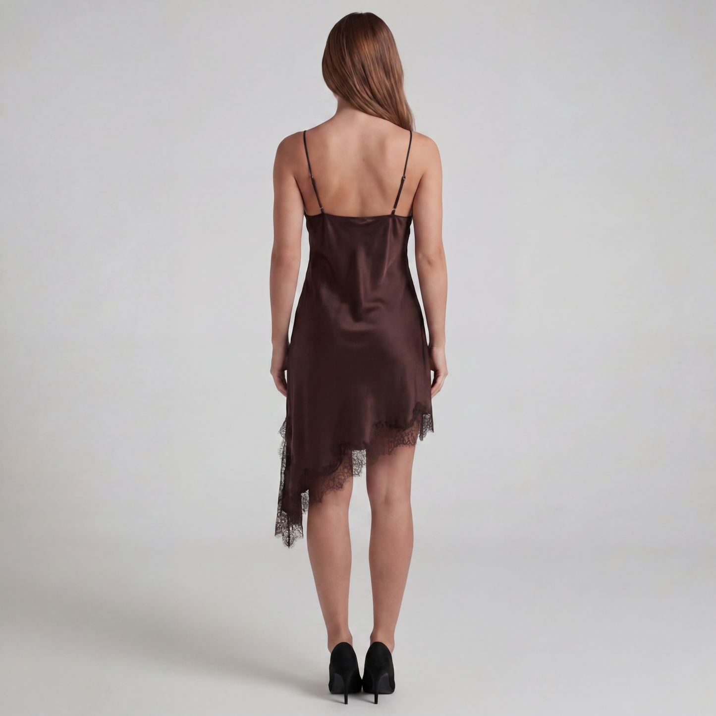 Silk Satin Lace Slip Dress with Asymmetrical Hem