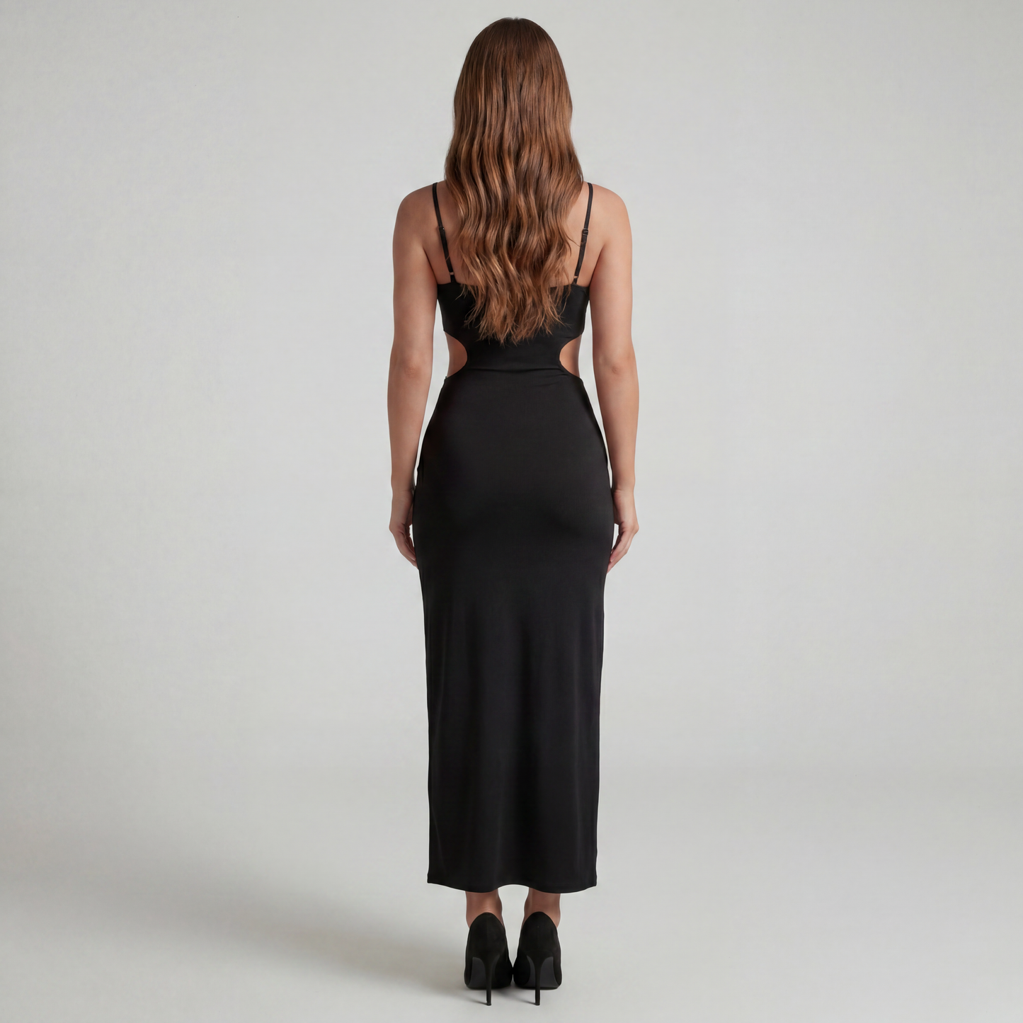 Long Dress with a Cross-Over Halter Neck and Front Slit Detail