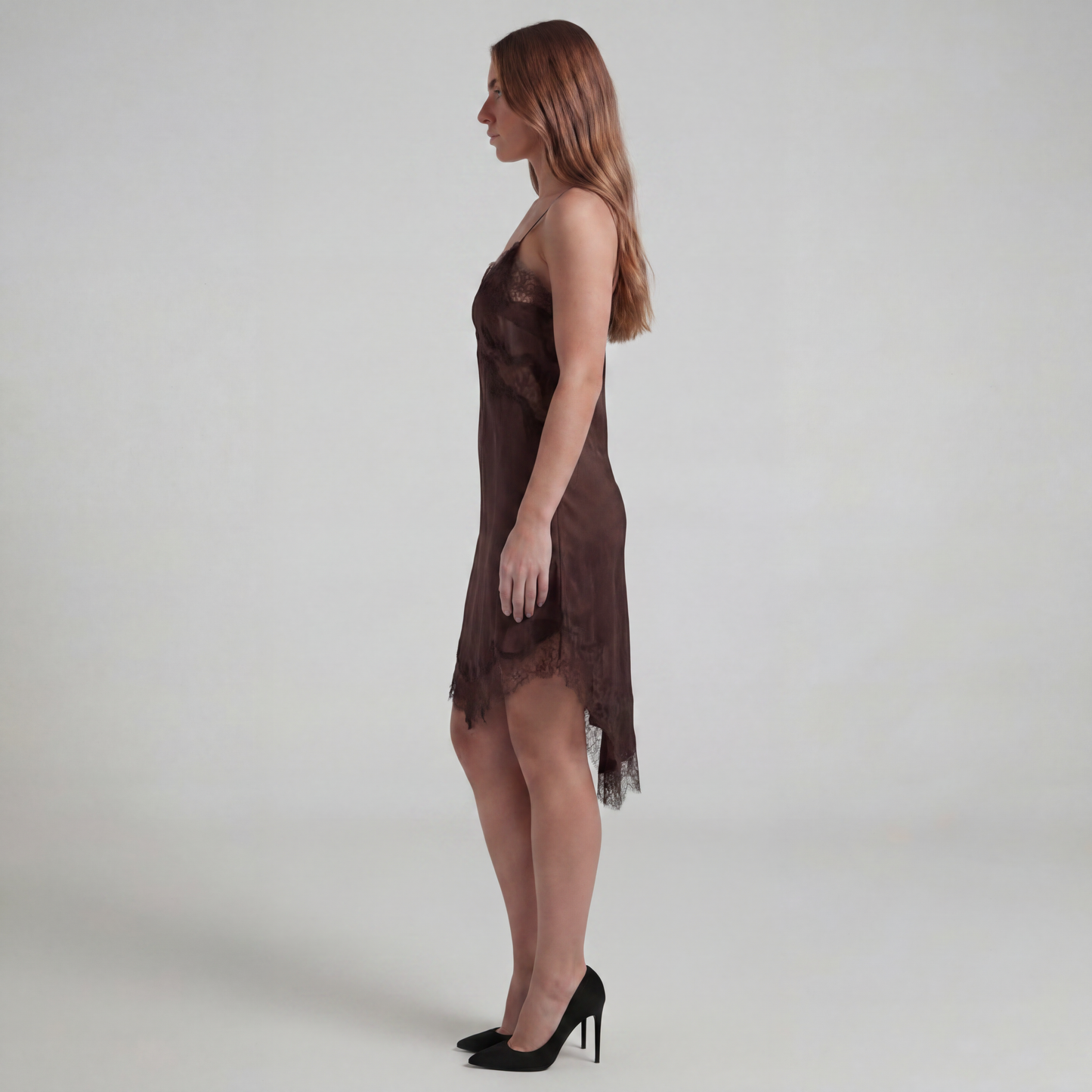 Silk Satin Lace Slip Dress with Asymmetrical Hem
