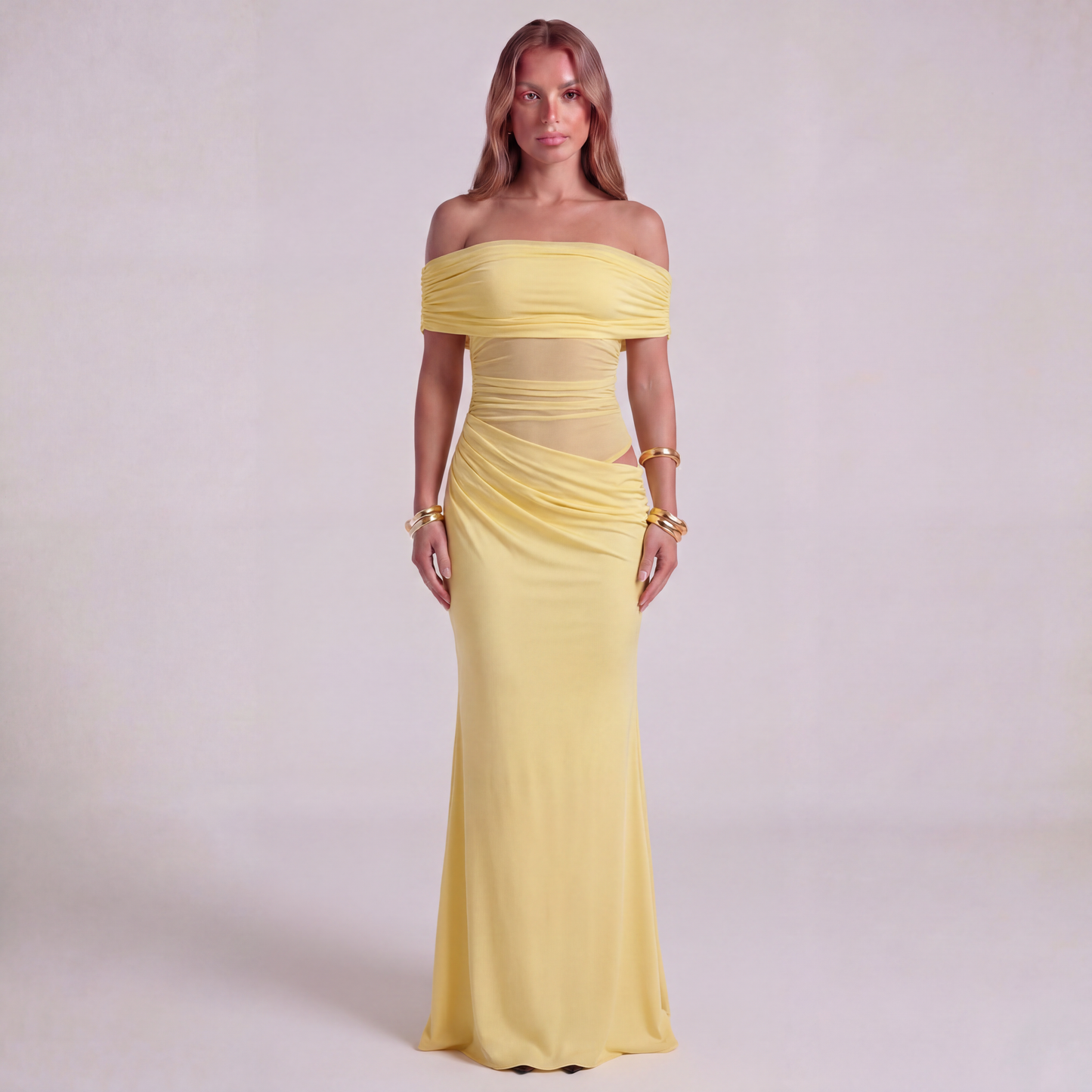 One-Shoulder Ruched Maxi Dress with Side Cut-Out and Draped Skirt