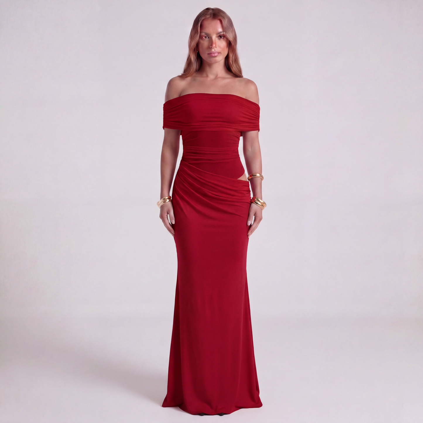 One-Shoulder Ruched Maxi Dress with Side Cut-Out and Draped Skirt