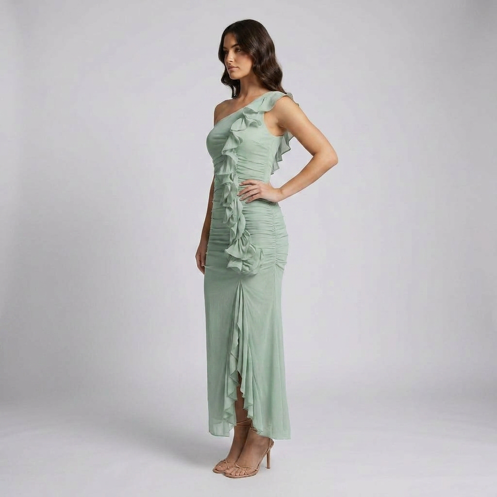 Long-Sleeve Patterned Maxi Dress with Elegant Crew Neckline