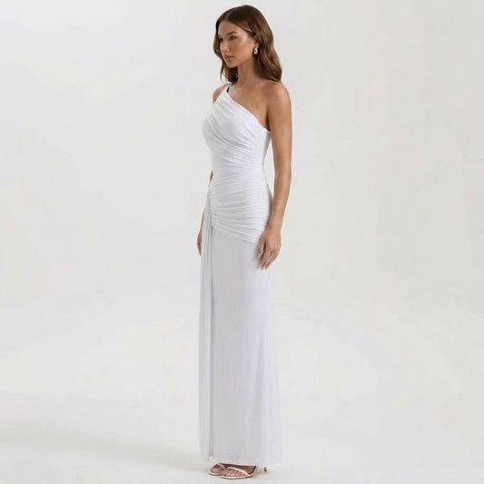 Asymmetric One-Shoulder Backless Maxi Dress with Ruched Draping