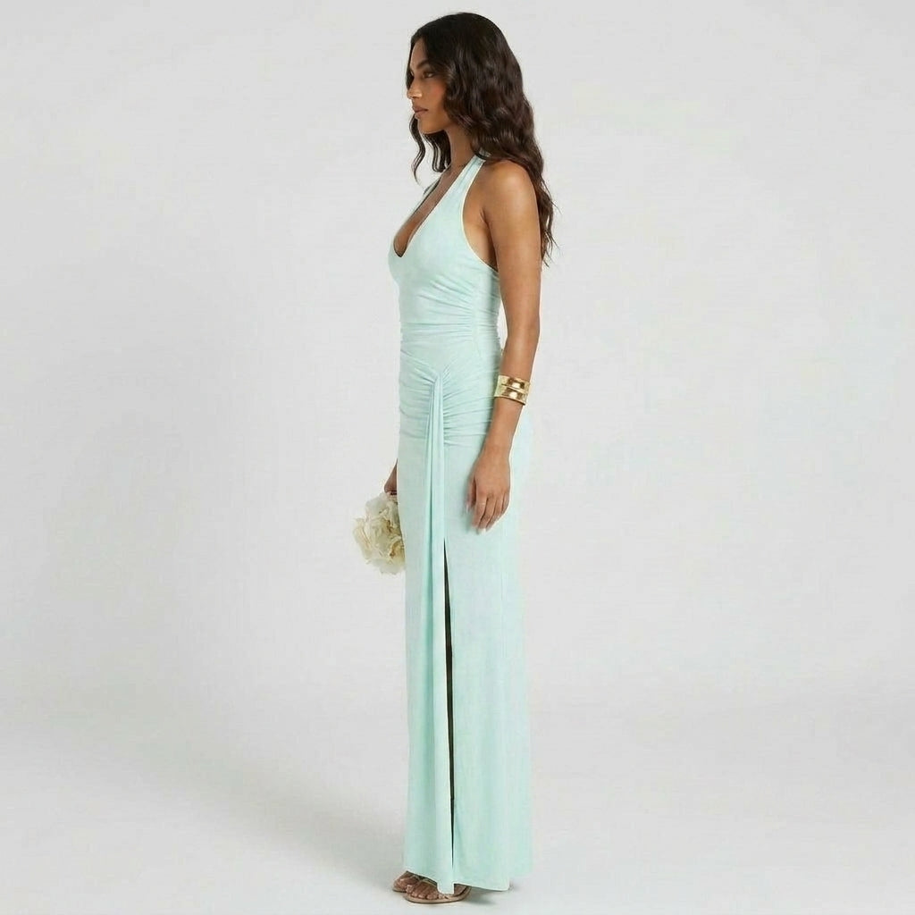 Sleeveless Halter Maxi Dress with Ruched Deep V-Neckline