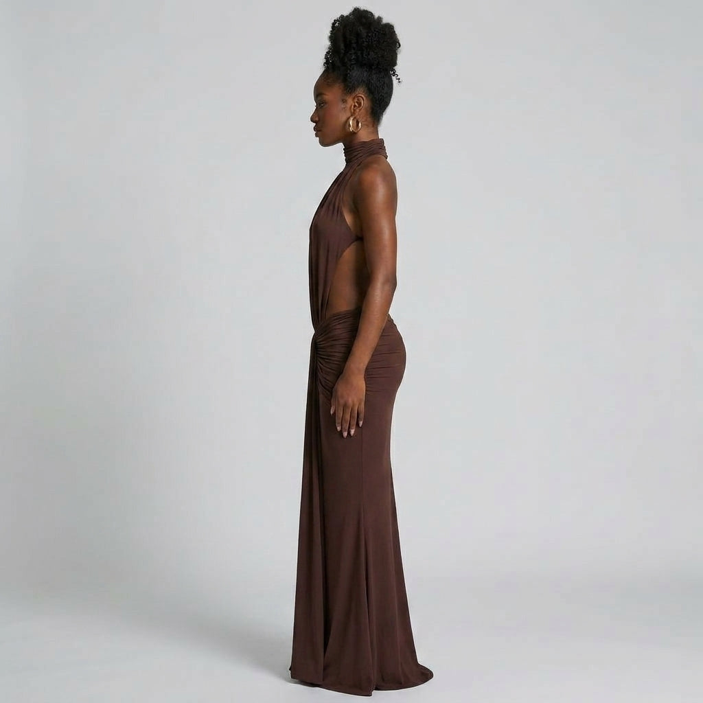 Sleeveless High-Neck Asymmetric Draped Maxi Dress