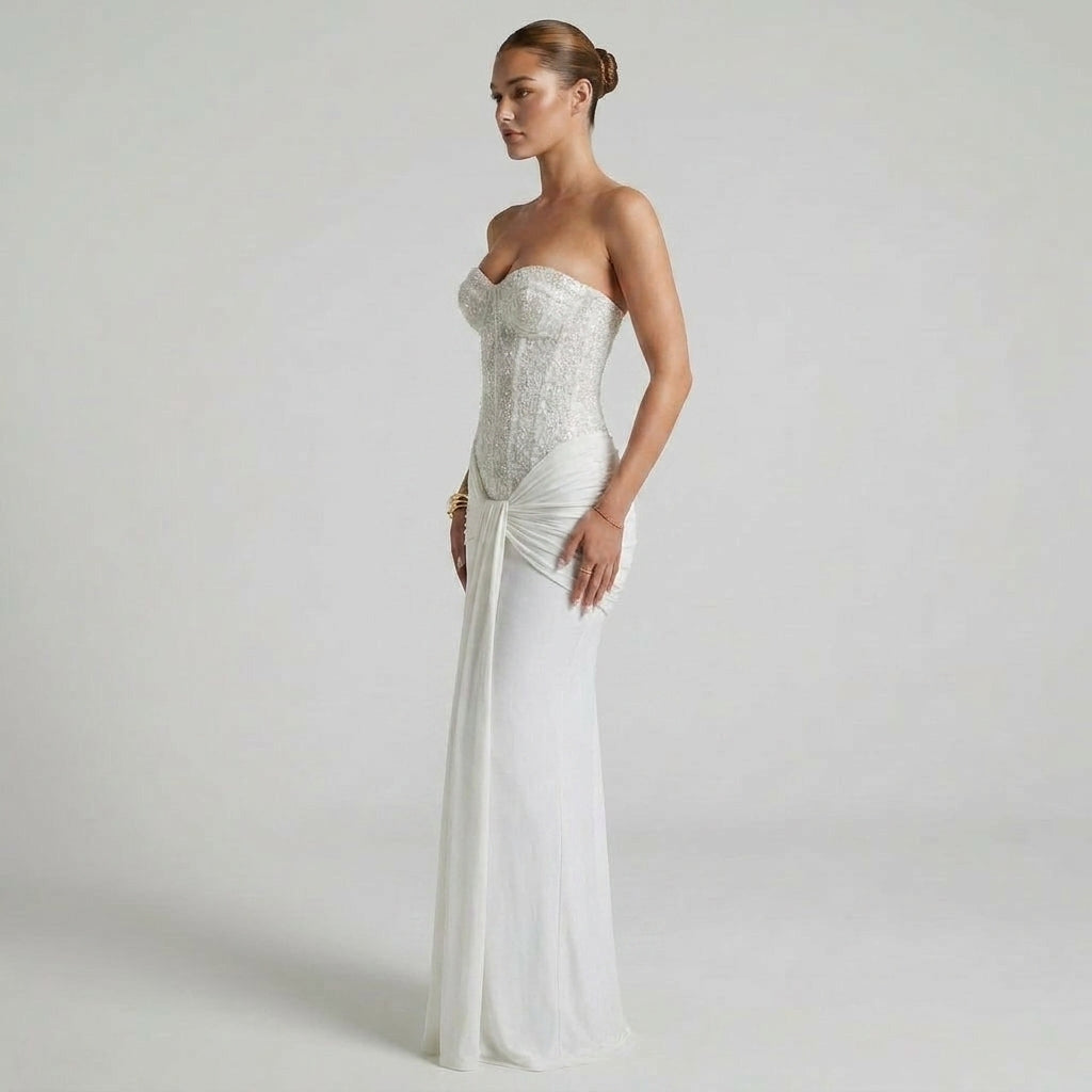 Off-the-Shoulder Structured Corset Maxi Dress with Fluid Silhouette