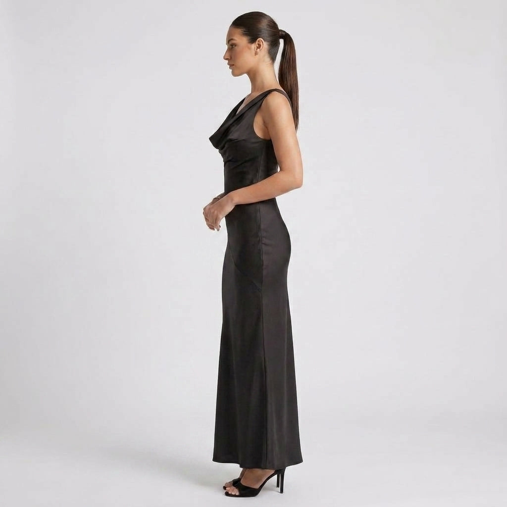 Sleeveless One-Shoulder Satin Maxi Dress