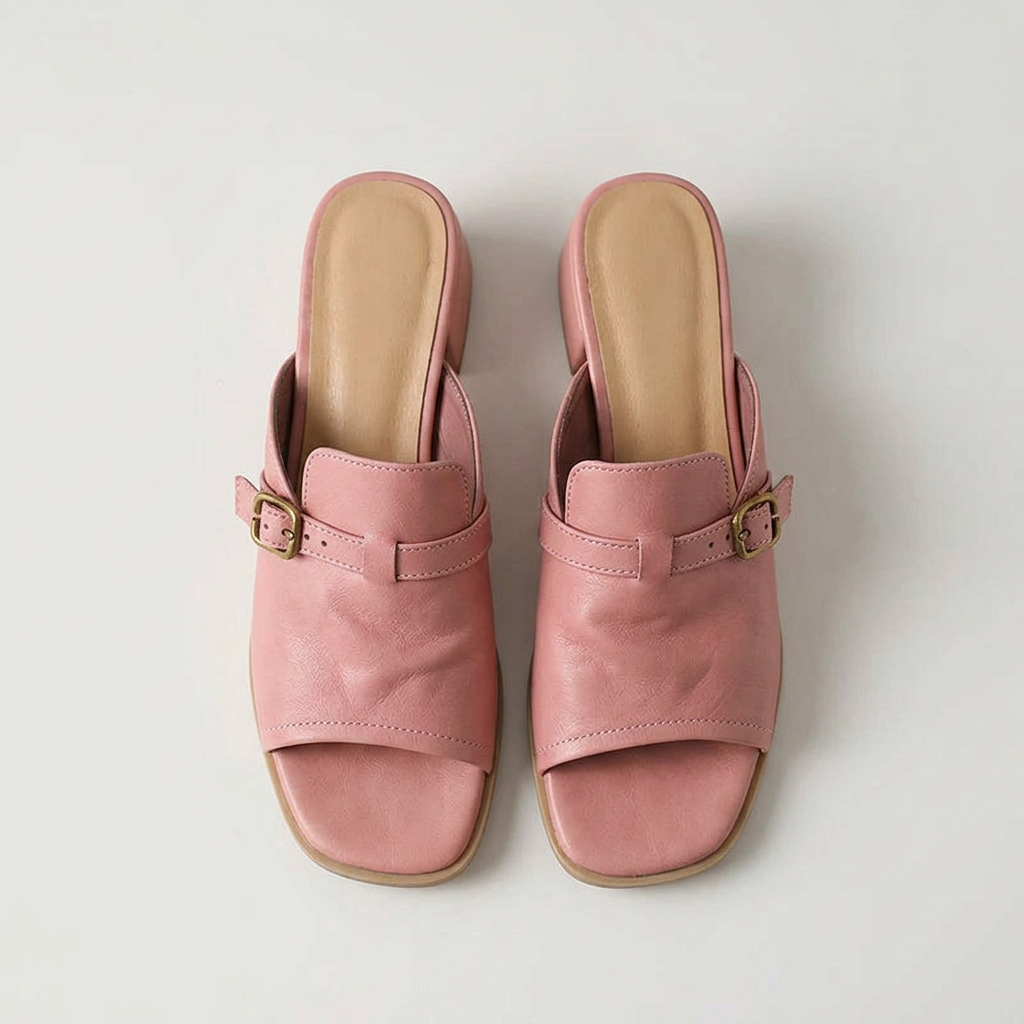 Sophia Genuine Leather Buckle Strap Slide Sandals