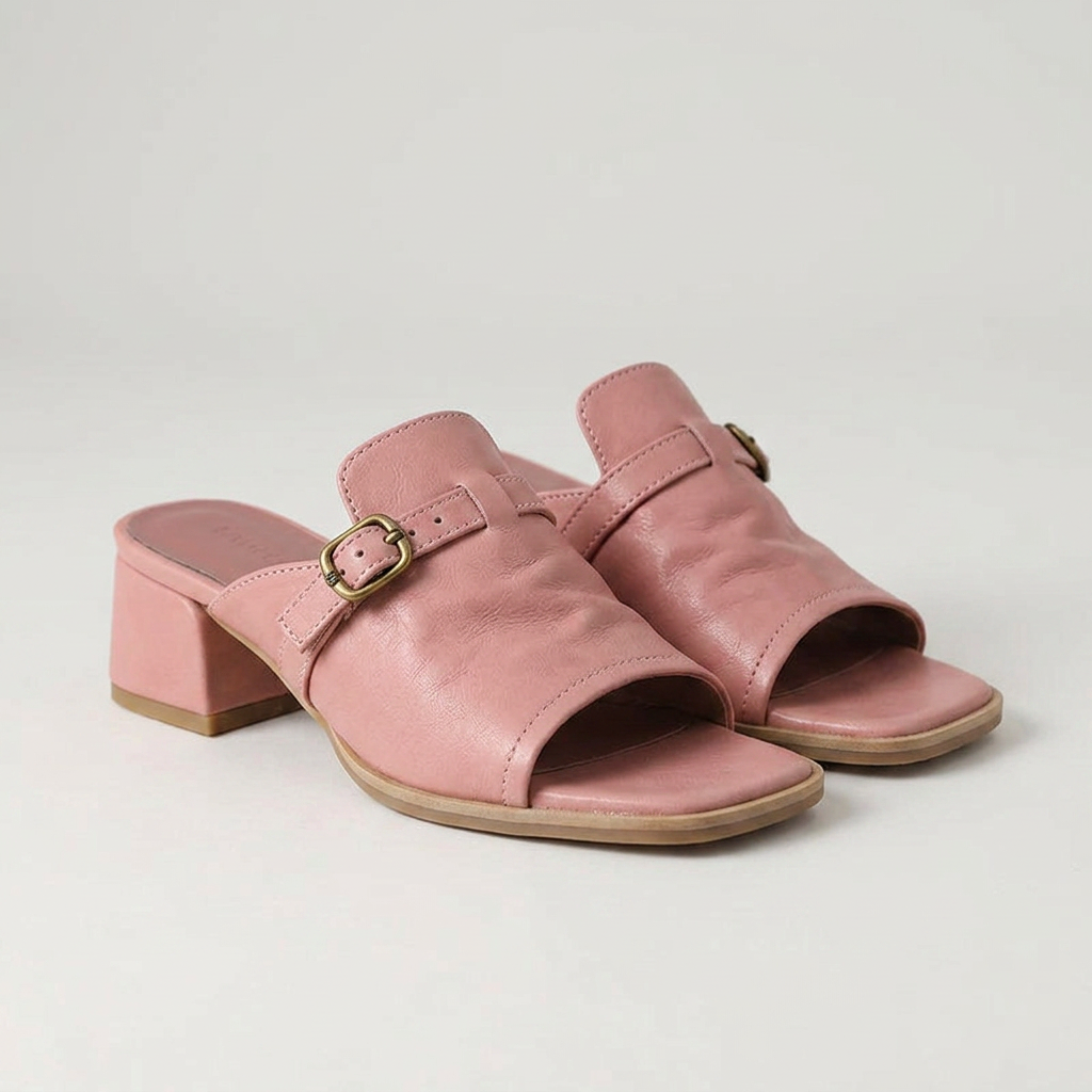 Sophia Genuine Leather Buckle Strap Slide Sandals