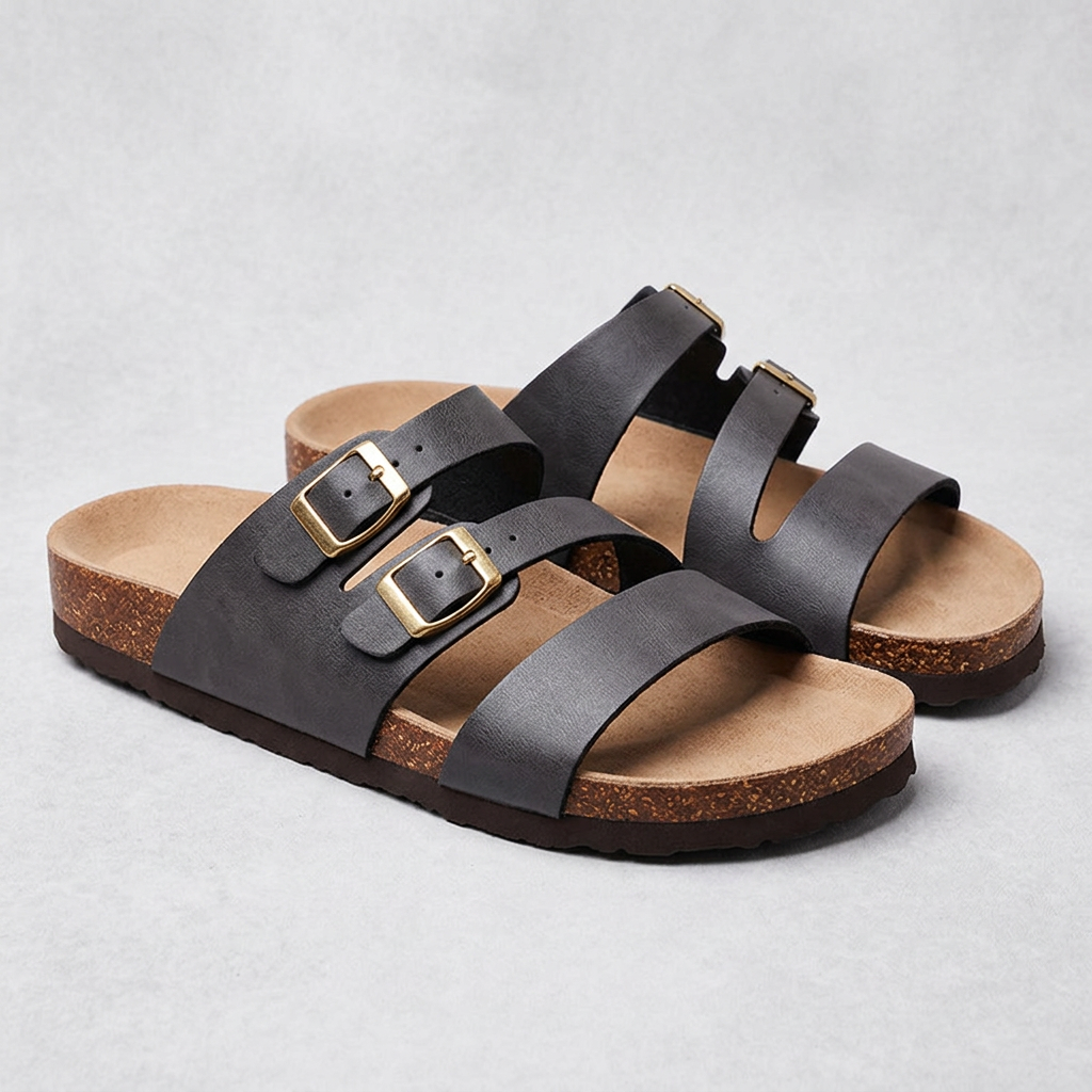 Isabella Double Buckle Leather Comfort Slide Sandals