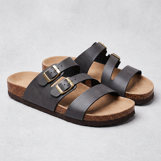 Isabella Double Buckle Leather Comfort Slide Sandals