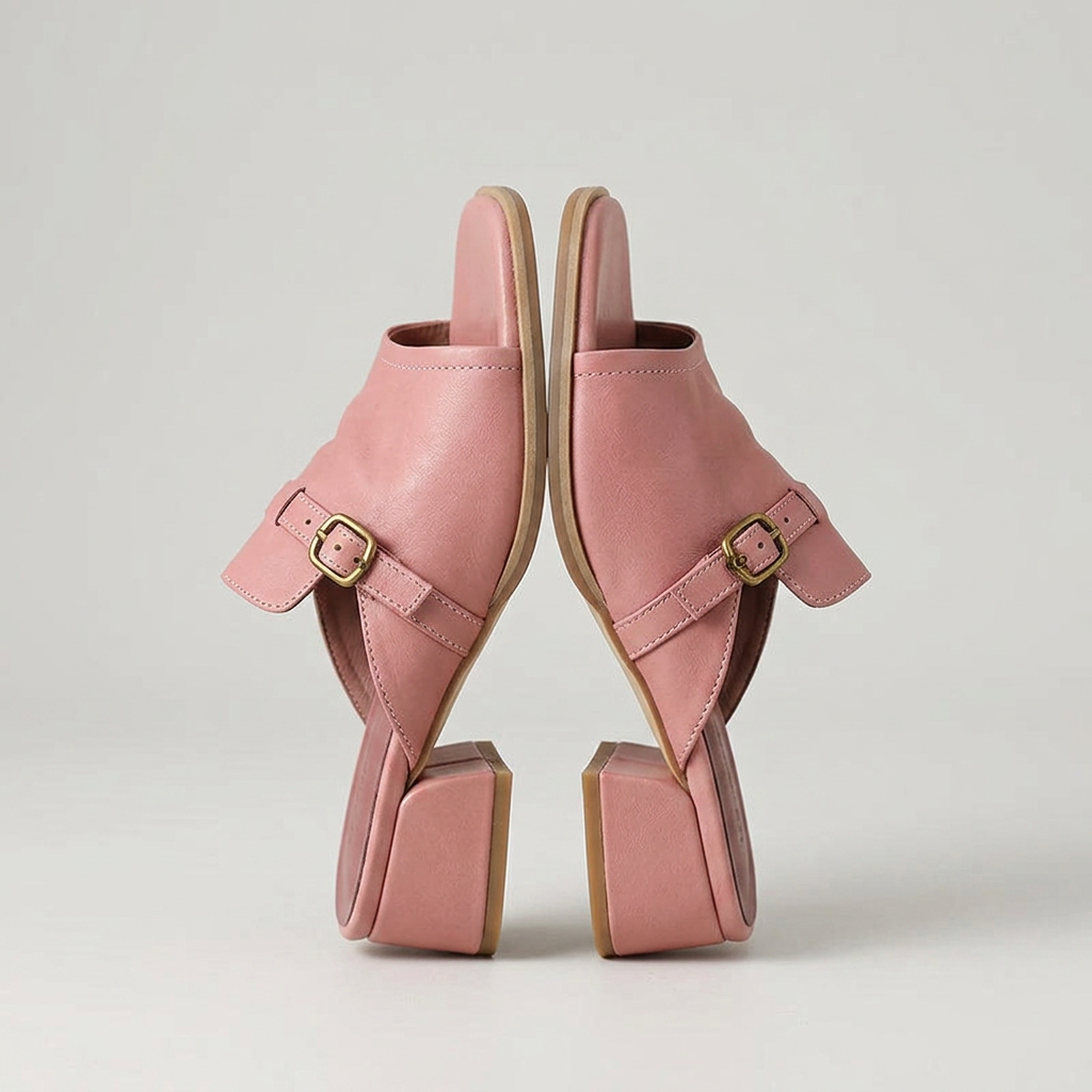 Sophia Genuine Leather Buckle Strap Slide Sandals