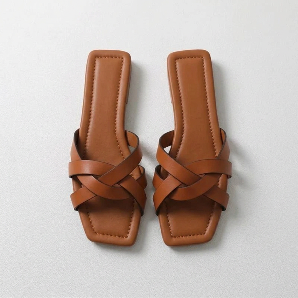 Amelia Woven Leather Square Toe Slide Sandals