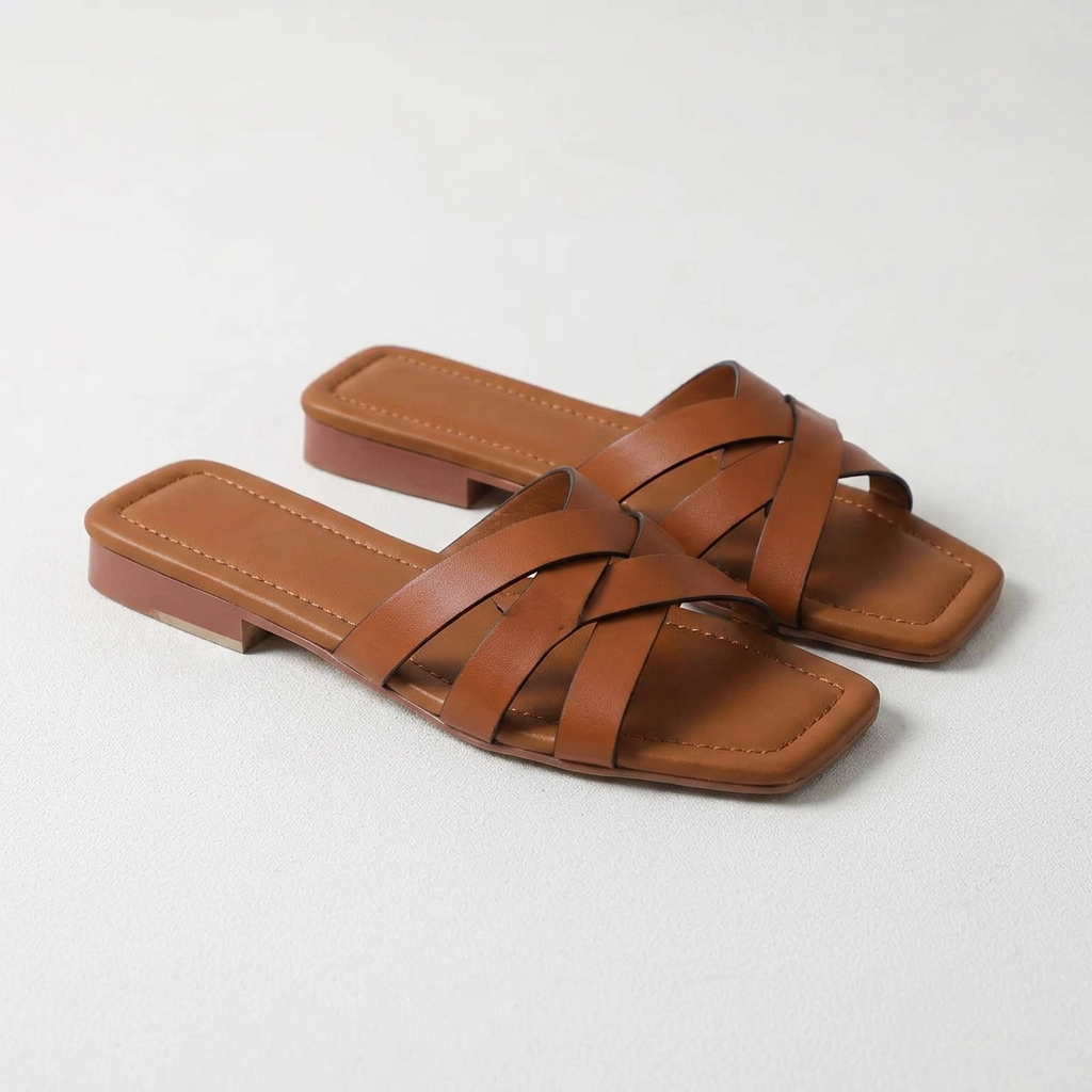 Amelia Woven Leather Square Toe Slide Sandals