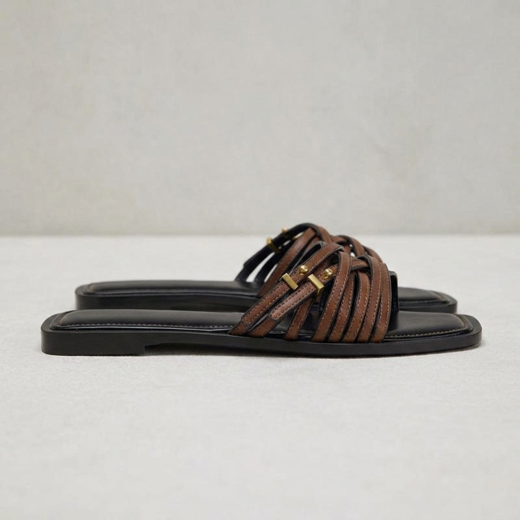 Elena Woven Leather Buckle Flat Slide Sandals