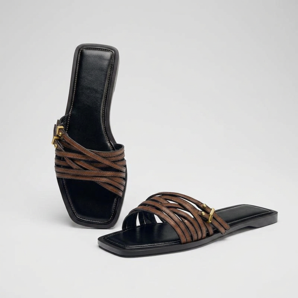 Elena Woven Leather Buckle Flat Slide Sandals