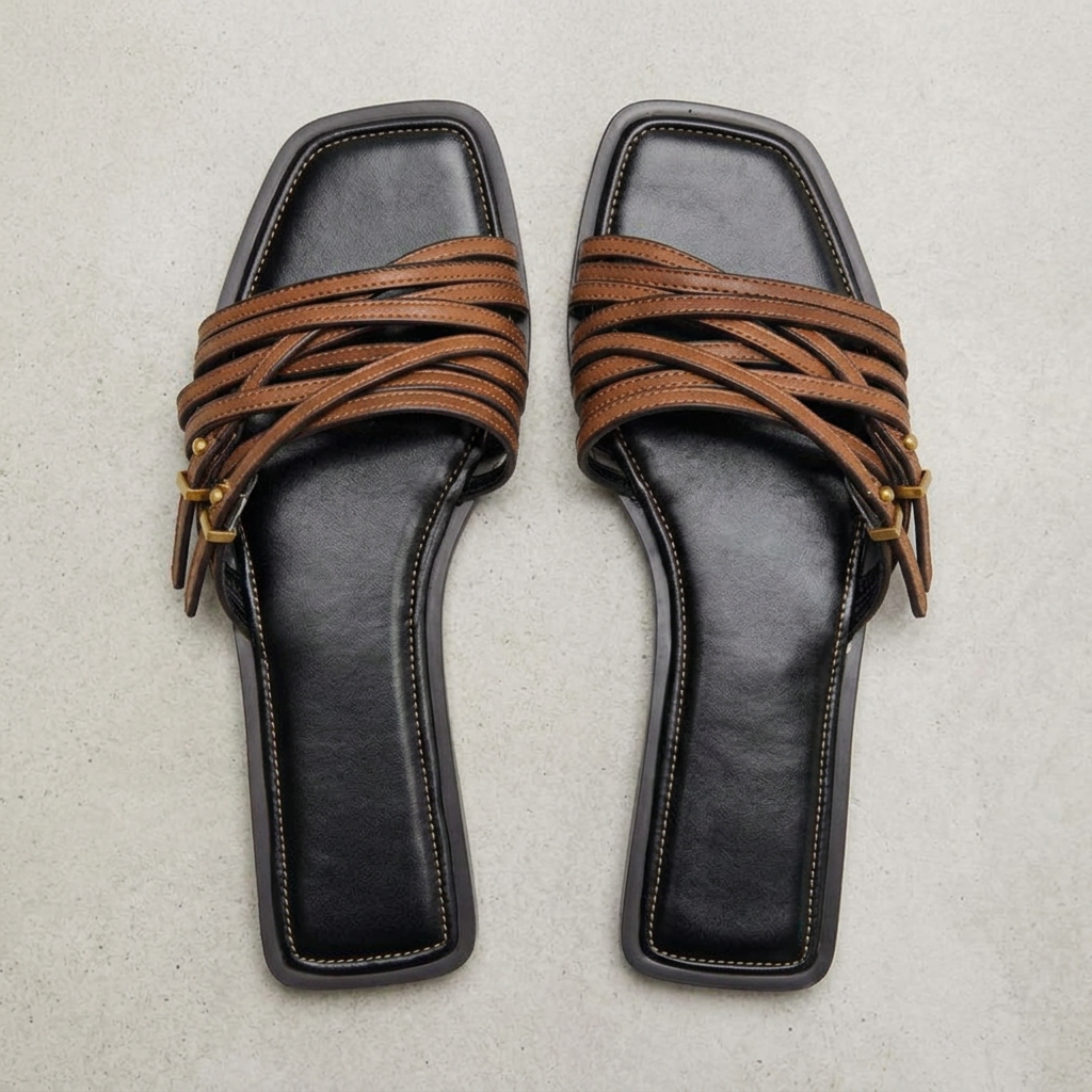 Elena Woven Leather Buckle Flat Slide Sandals