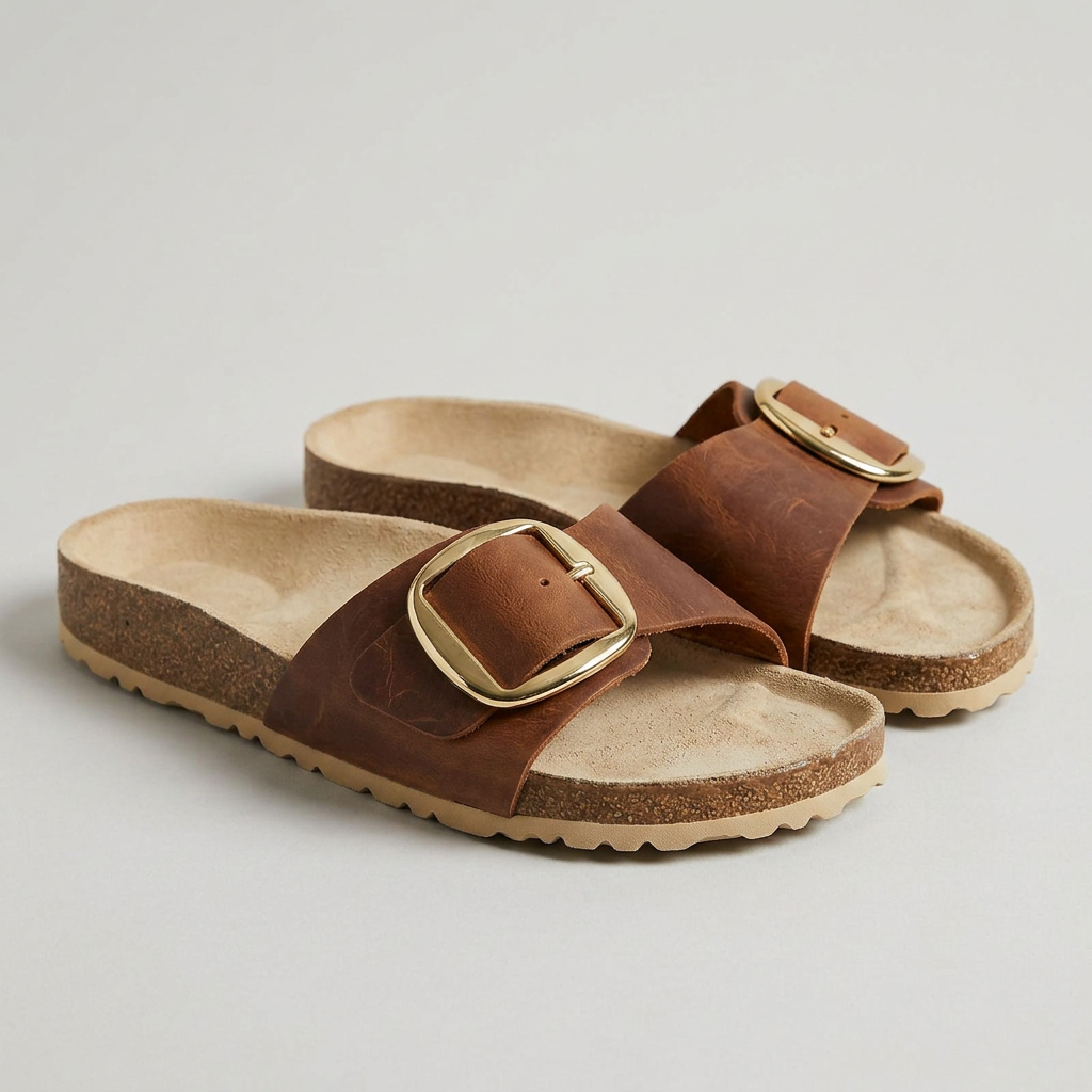Sophia Cork Footbed Buckle Slide Sandals