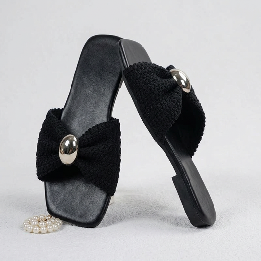 The Emilia Metal Accent Raffia Slide Sandals